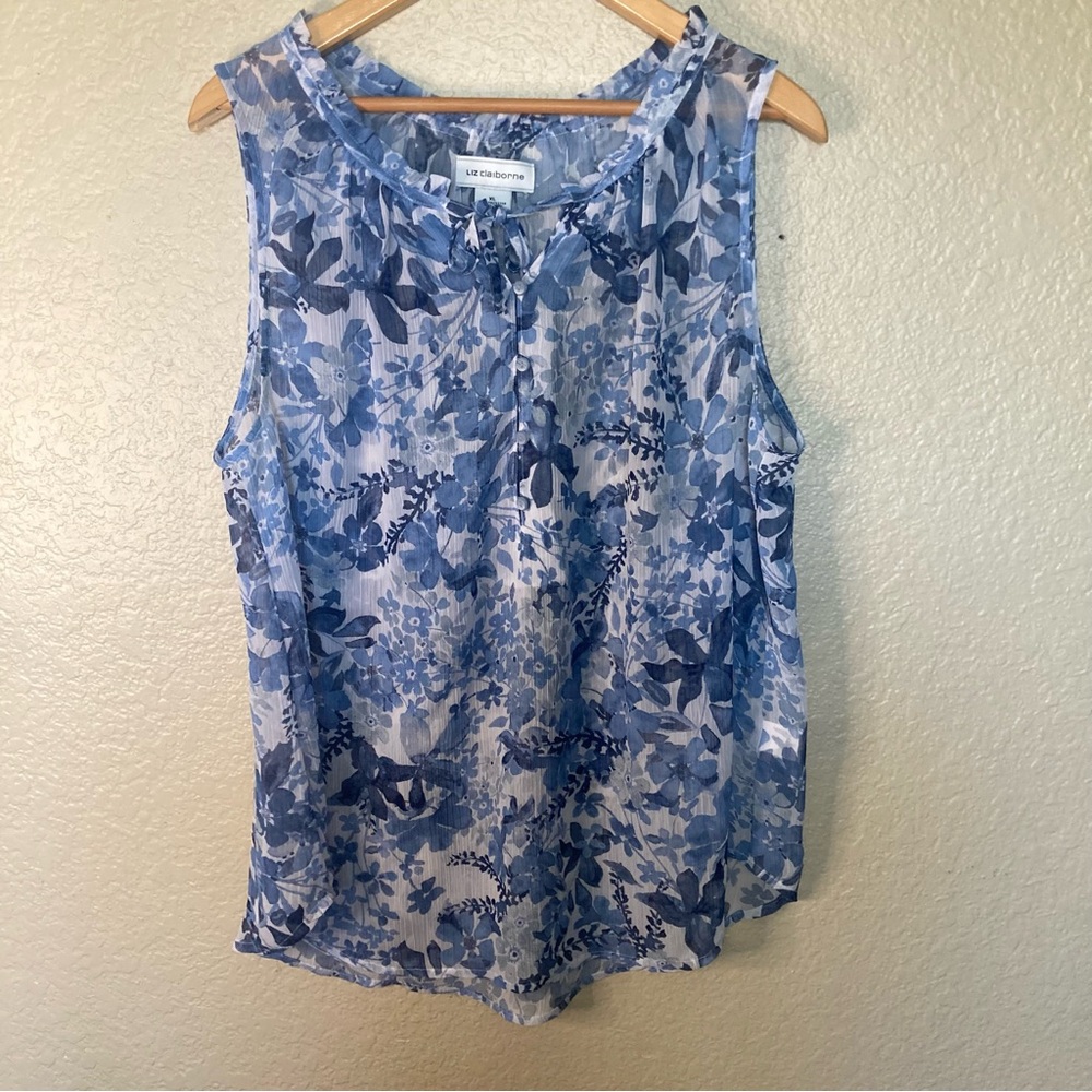 LIZ CLAIBORNE Women’s Blouse Light Sheer Floral Size XL Blue Bohemian Flowy